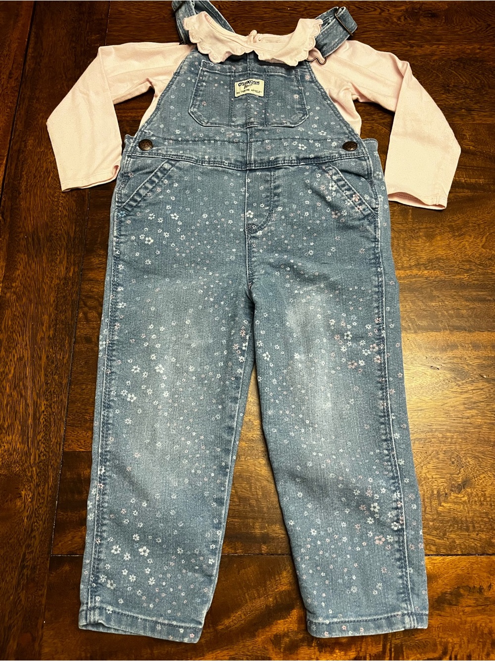 OshKosh B'gosh Light Wash Denim Floral Overalls with Long Sleeve Shirt 3T